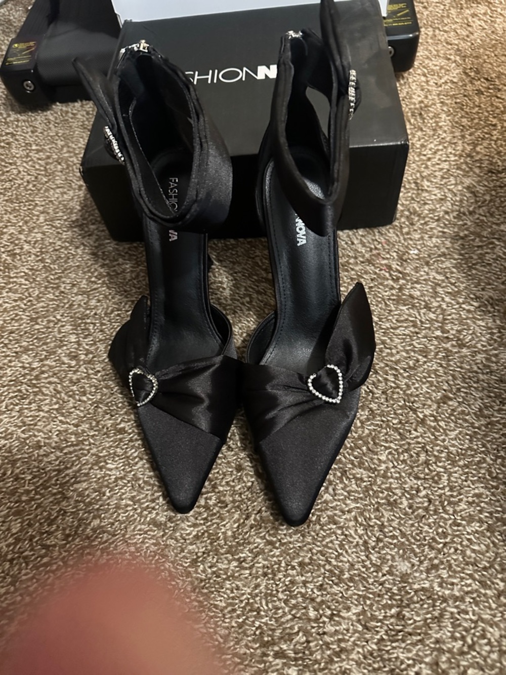 Fashion Nova Black Satin Pointed Ankle-Strap Heels with Rhinestone Heart Accent